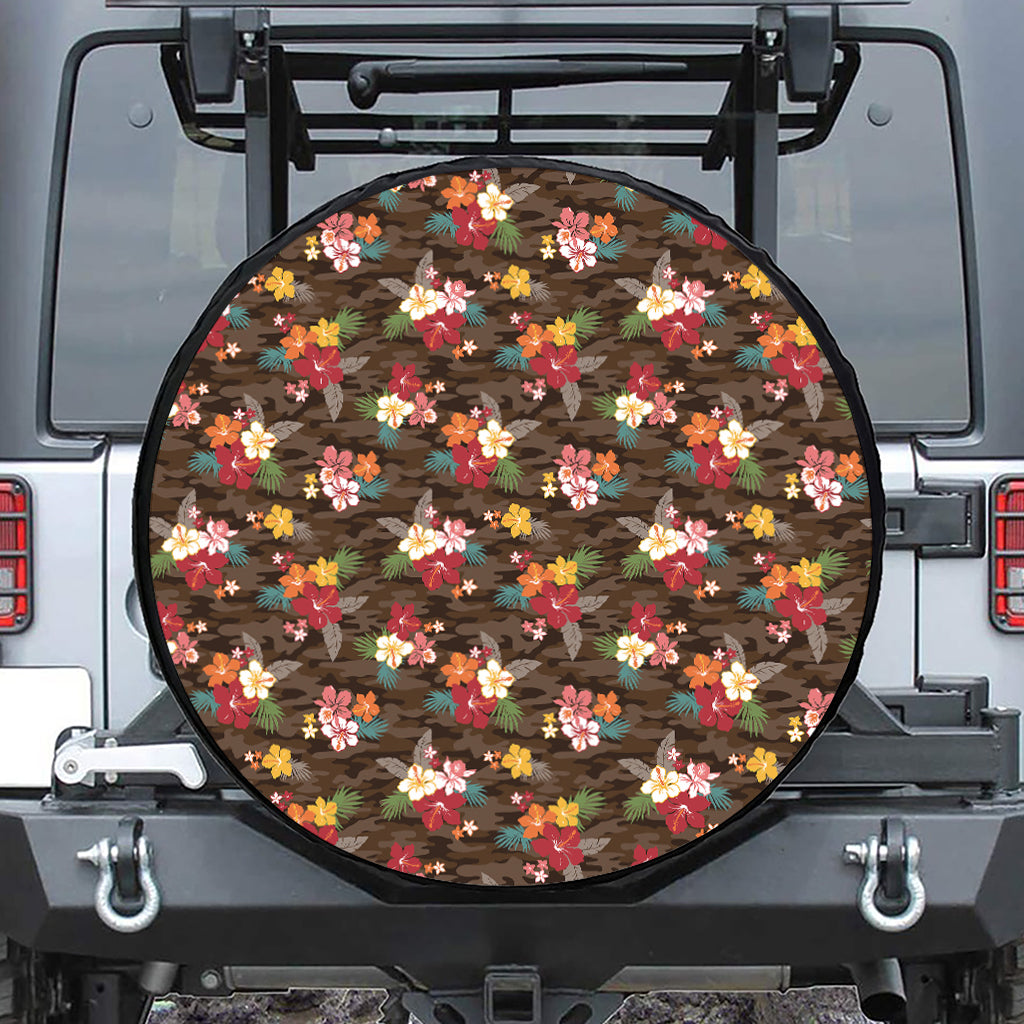 Brown Camo Hibiscus Flower Print Tire Cover