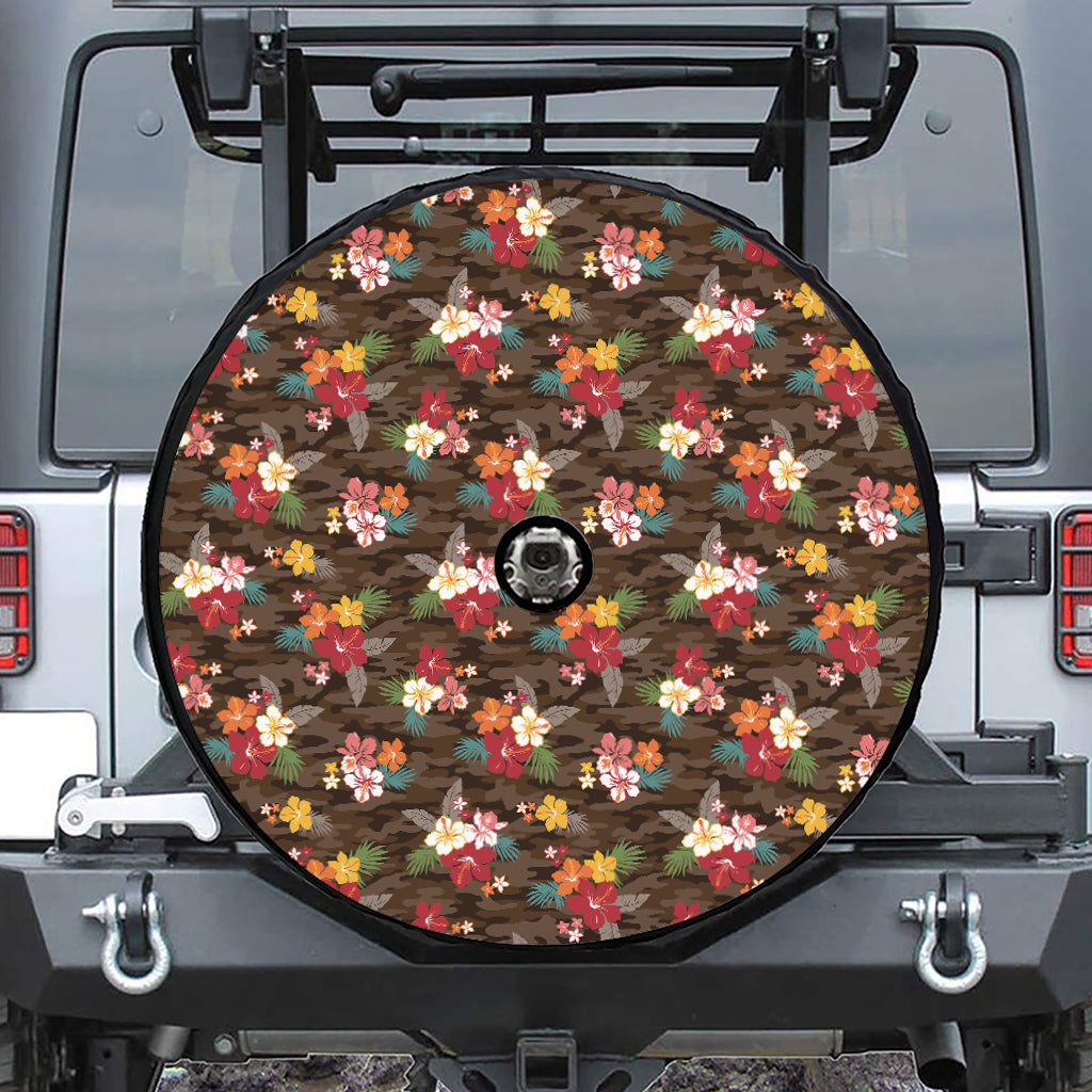 Brown Camo Hibiscus Flower Print Tire Cover With Camera Hole