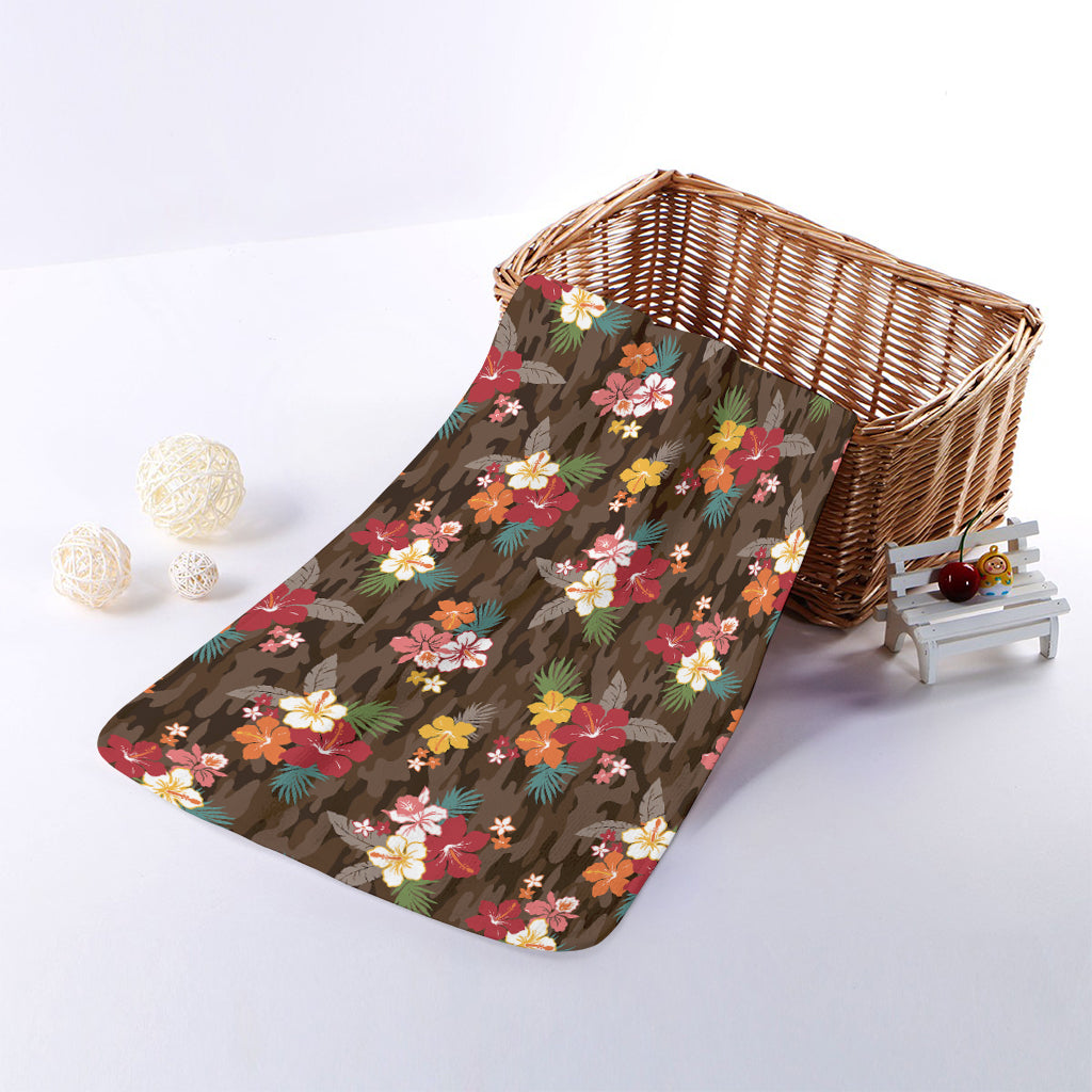 Brown Camo Hibiscus Flower Print Towel