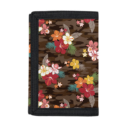 Brown Camo Hibiscus Flower Print Trifold Wallet