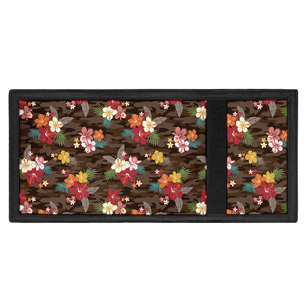 Brown Camo Hibiscus Flower Print Trifold Wallet