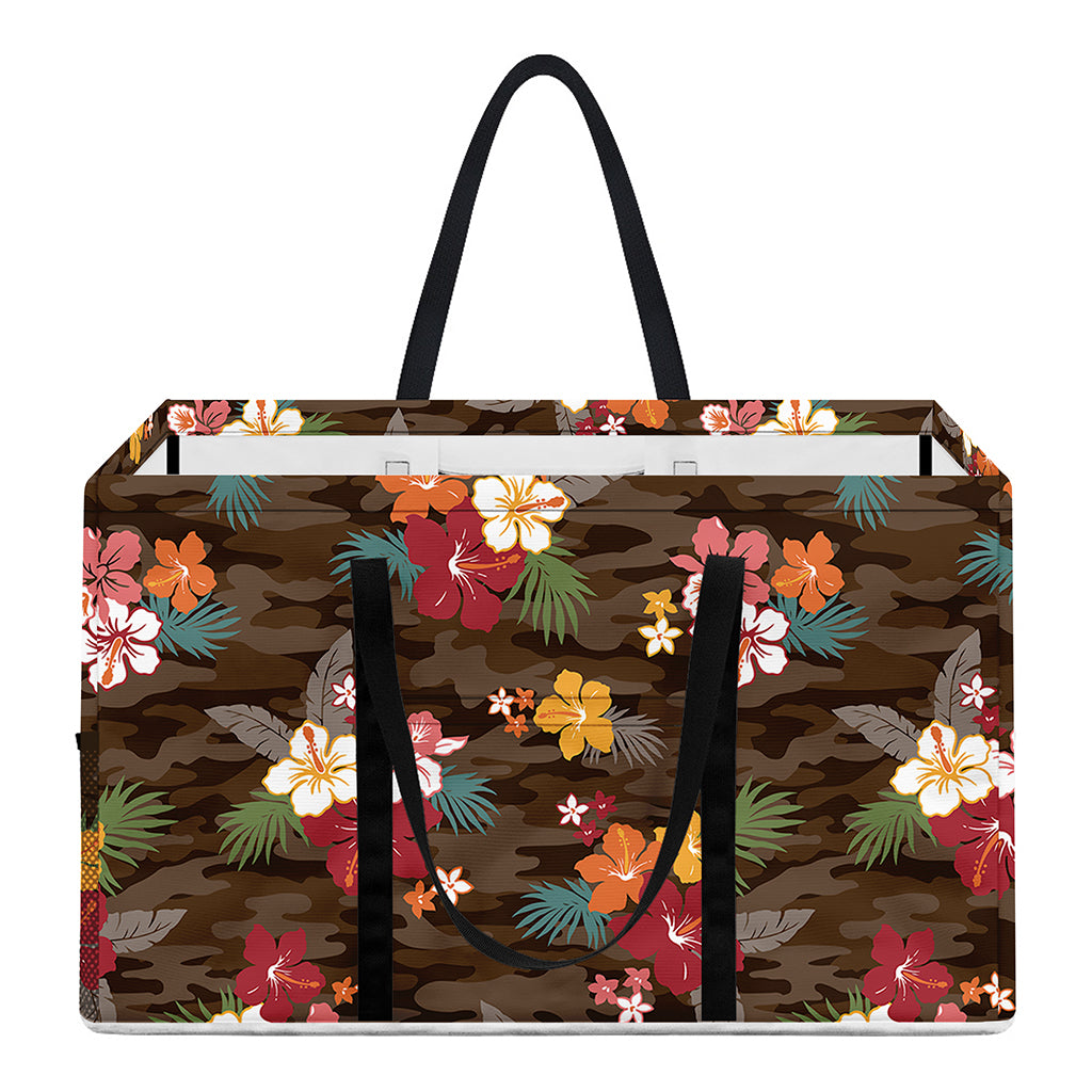 Brown Camo Hibiscus Flower Print Utility Tote Bag