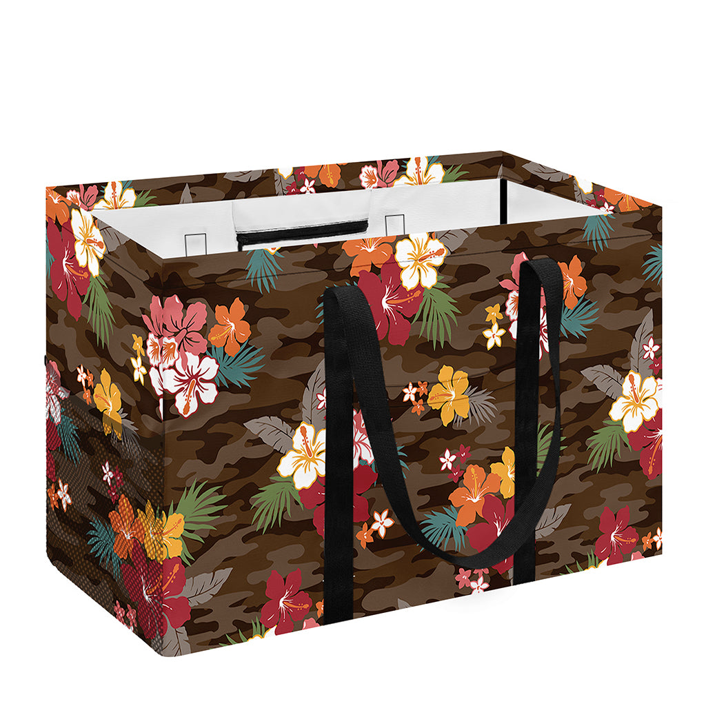 Brown Camo Hibiscus Flower Print Utility Tote Bag