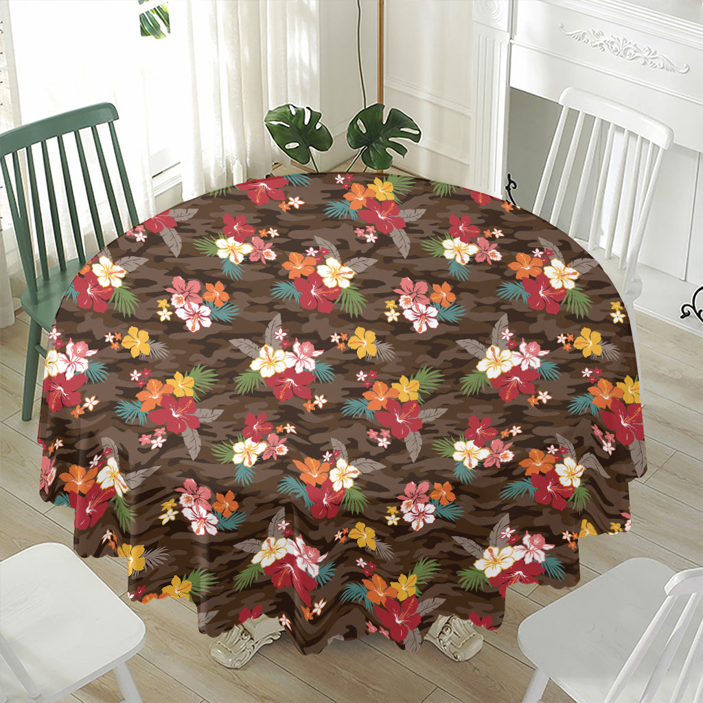 Brown Camo Hibiscus Flower Print Waterproof Round Tablecloth