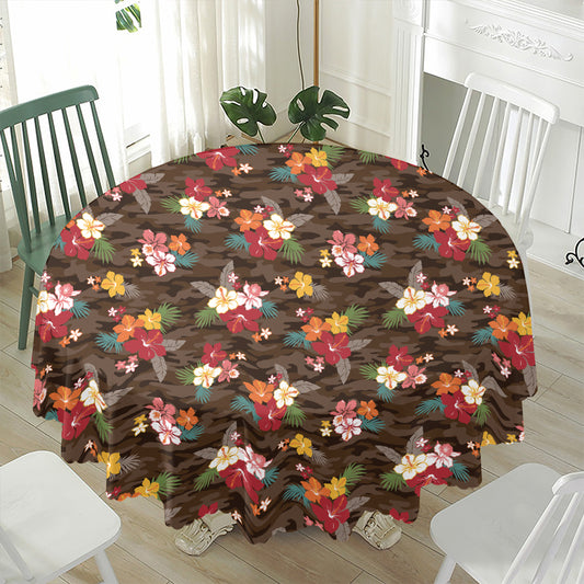 Brown Camo Hibiscus Flower Print Waterproof Round Tablecloth