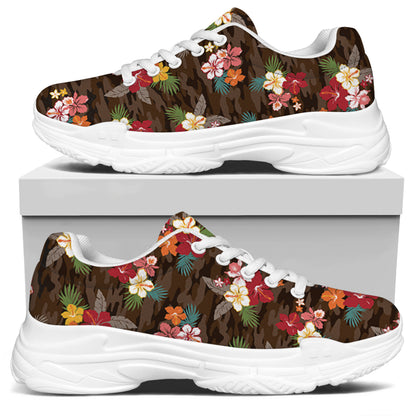 Brown Camo Hibiscus Flower Print White Chunky Shoes