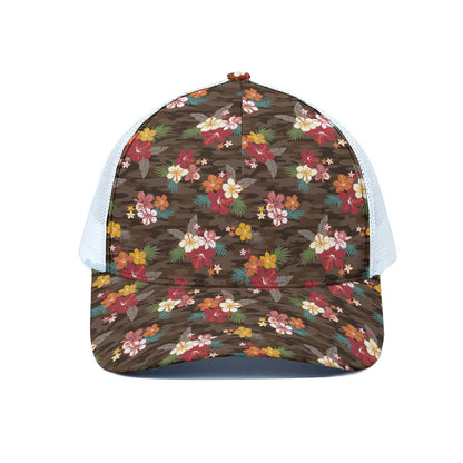 Brown Camo Hibiscus Flower Print White Mesh Trucker Cap