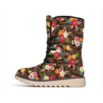 Brown Camo Hibiscus Flower Print Winter Boots