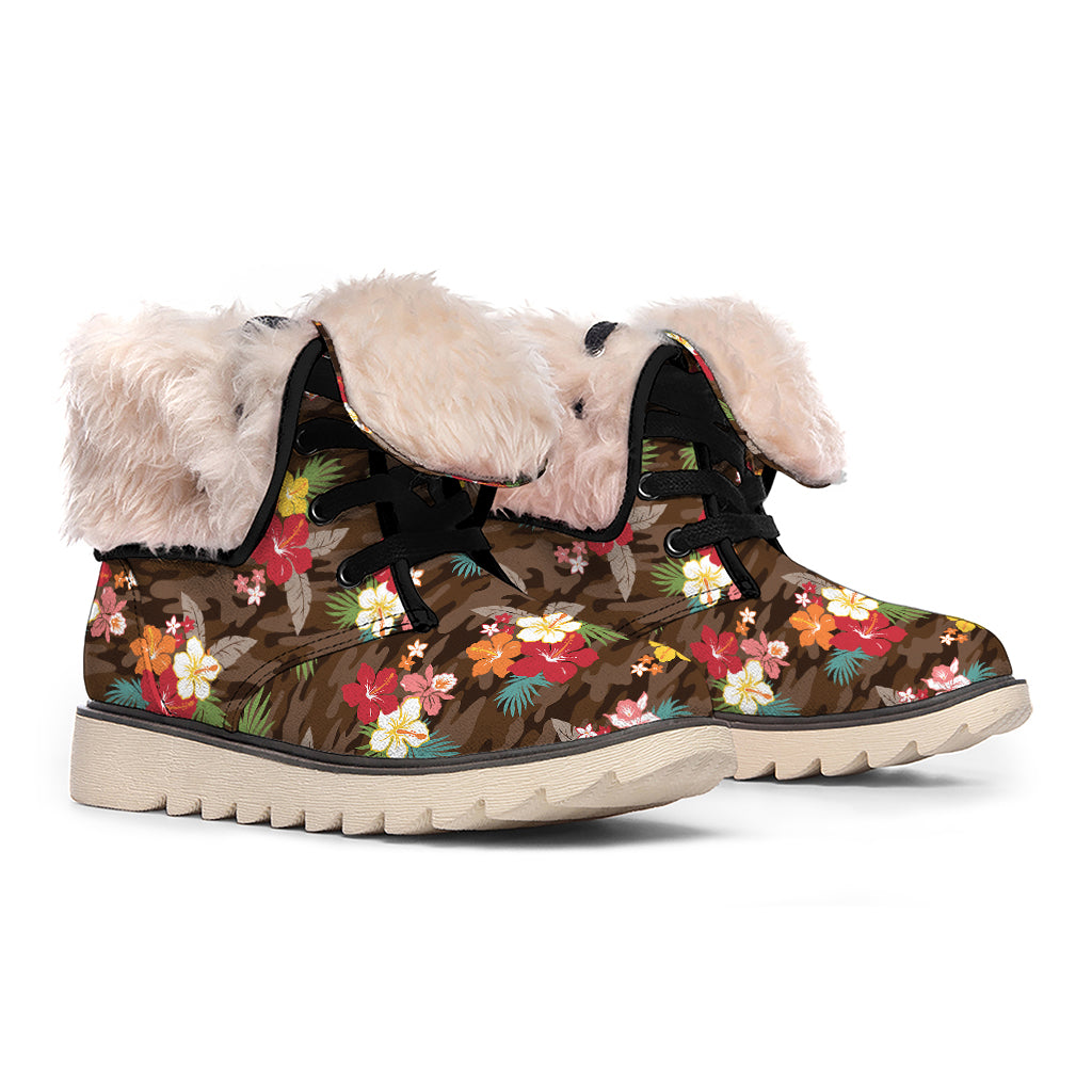 Brown Camo Hibiscus Flower Print Winter Boots