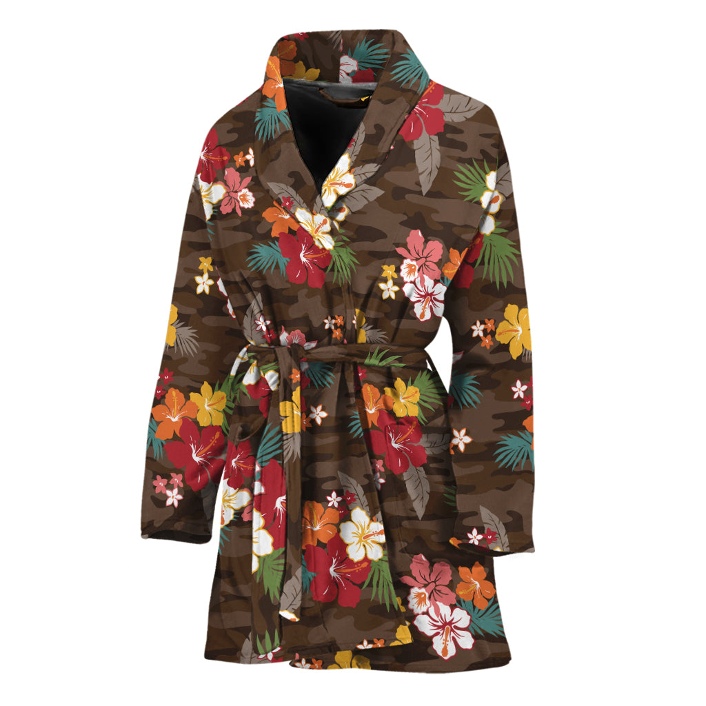 Brown Camo Hibiscus Flower Print Women's Bathrobe