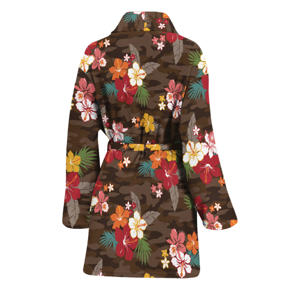 Brown Camo Hibiscus Flower Print Women's Bathrobe