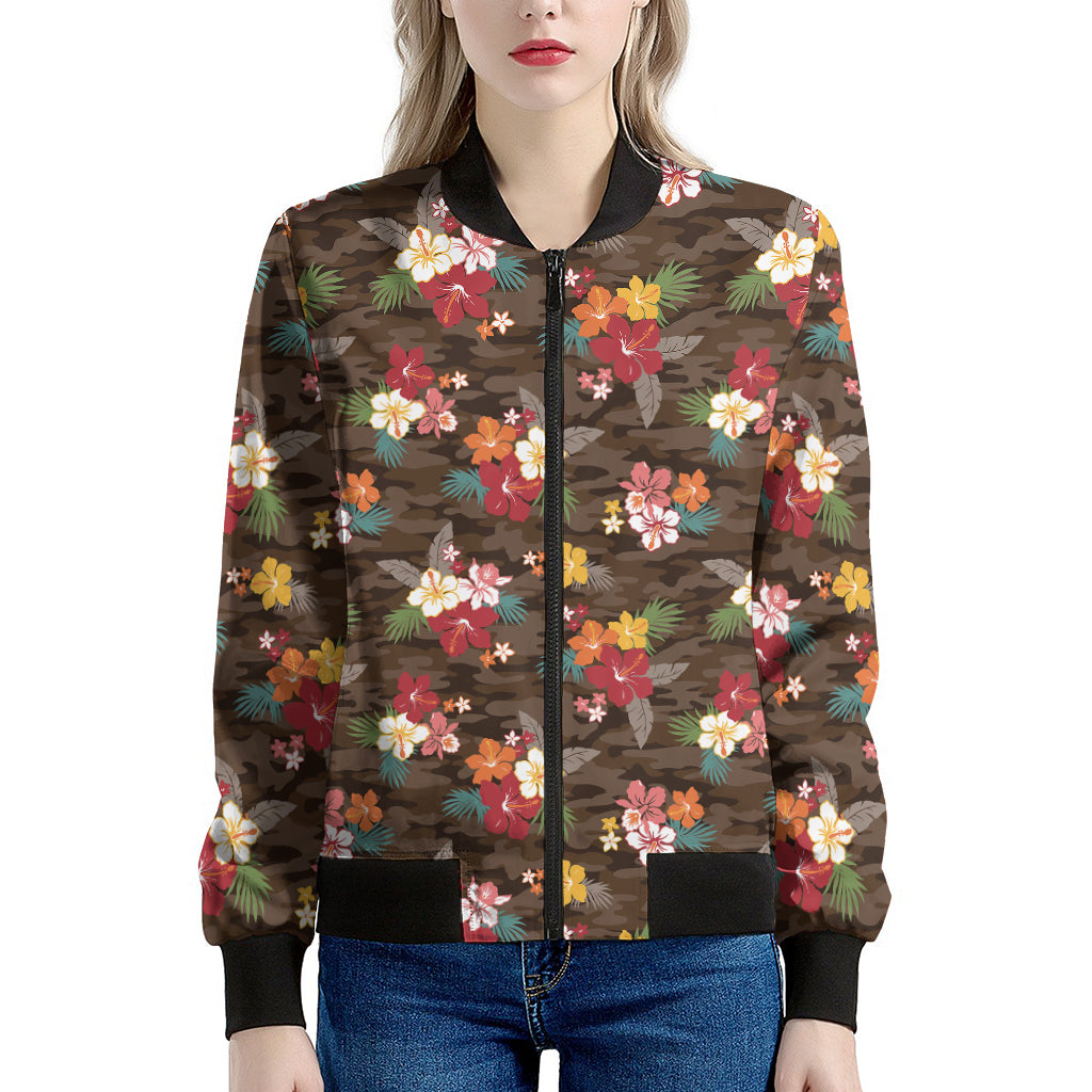 Brown Camo Hibiscus Flower Print Women's Bomber Jacket