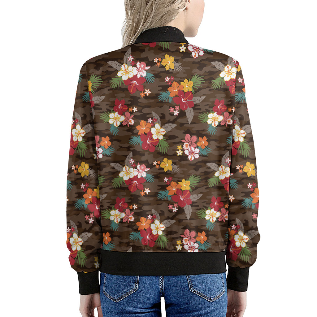 Brown Camo Hibiscus Flower Print Women's Bomber Jacket