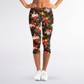 Brown Camo Hibiscus Flower Print Women's Capri Leggings