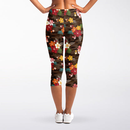 Brown Camo Hibiscus Flower Print Women's Capri Leggings