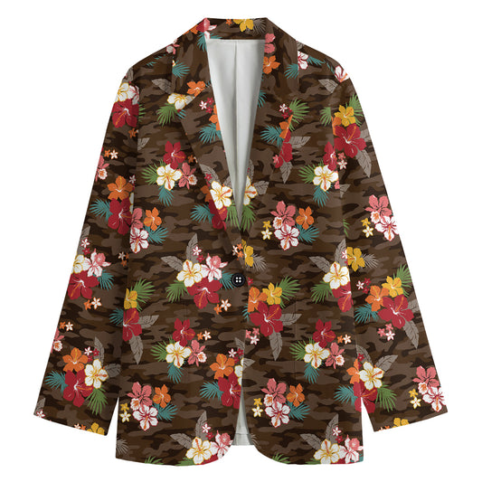 Brown Camo Hibiscus Flower Print Women's Cotton Blazer