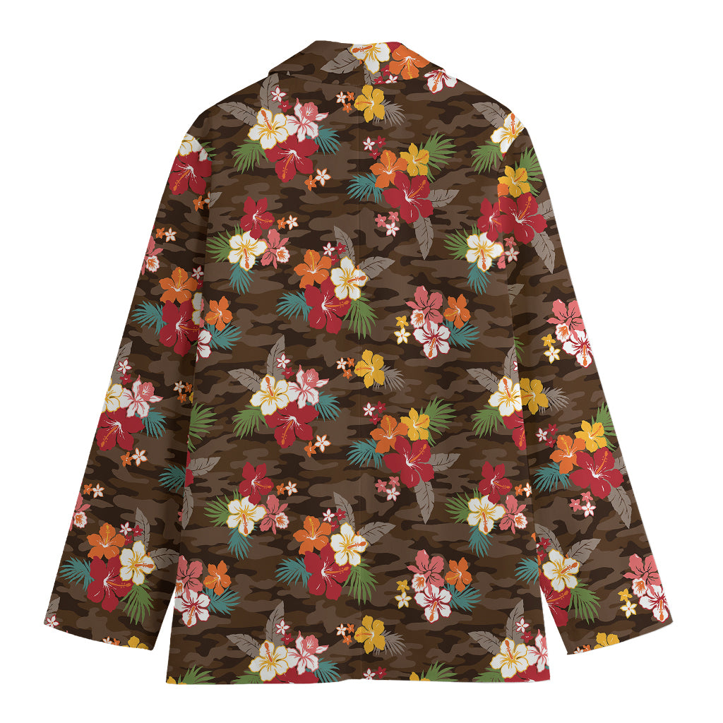 Brown Camo Hibiscus Flower Print Women's Cotton Blazer