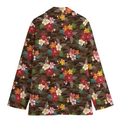 Brown Camo Hibiscus Flower Print Women's Cotton Blazer