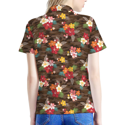 Brown Camo Hibiscus Flower Print Women's Polo Shirt