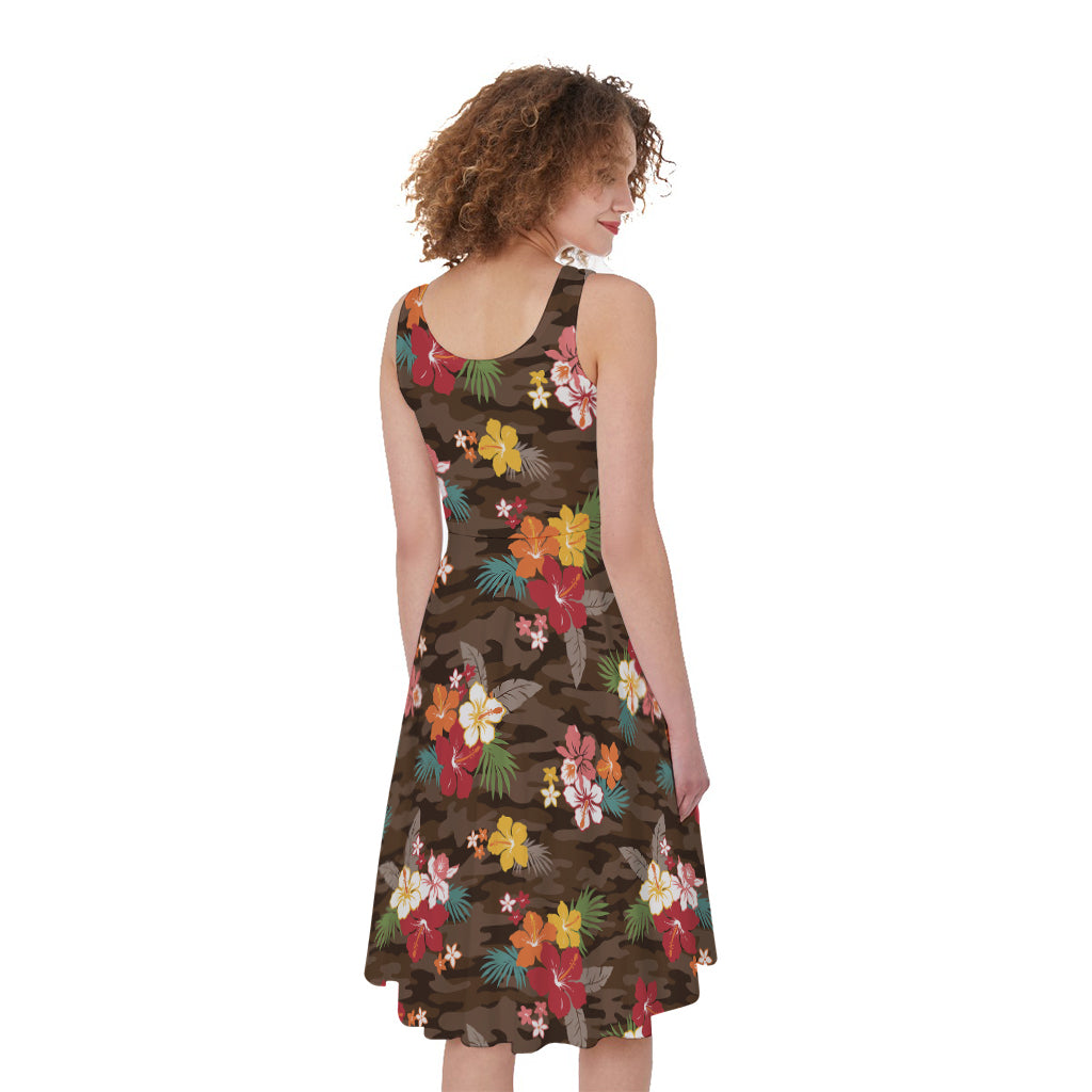 Brown Camo Hibiscus Flower Print Women's Sleeveless Dress
