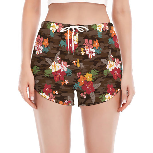 Brown Camo Hibiscus Flower Print Women's Split Running Shorts