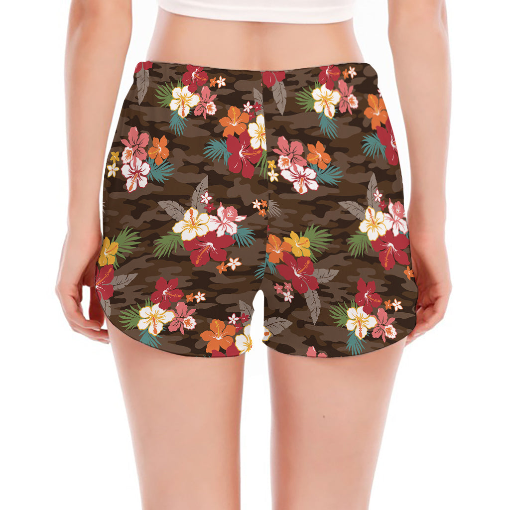 Brown Camo Hibiscus Flower Print Women's Split Running Shorts