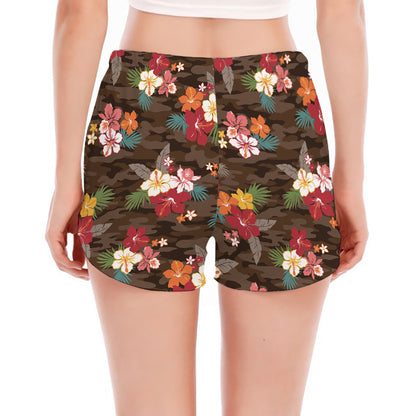 Brown Camo Hibiscus Flower Print Women's Split Running Shorts