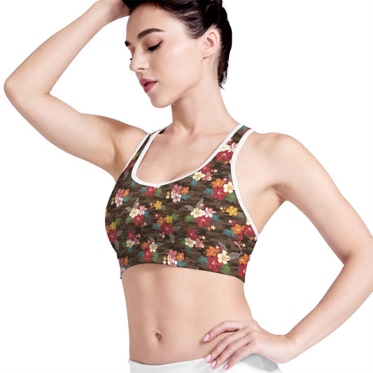 Brown Camo Hibiscus Flower Print Women's Sports Bra