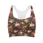 Brown Camo Hibiscus Flower Print Women's Sports Bra
