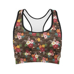 Brown Camo Hibiscus Flower Print Women's Sports Bra