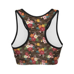 Brown Camo Hibiscus Flower Print Women's Sports Bra
