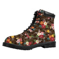 Brown Camo Hibiscus Flower Print Padded Collar Lace Up Boots
