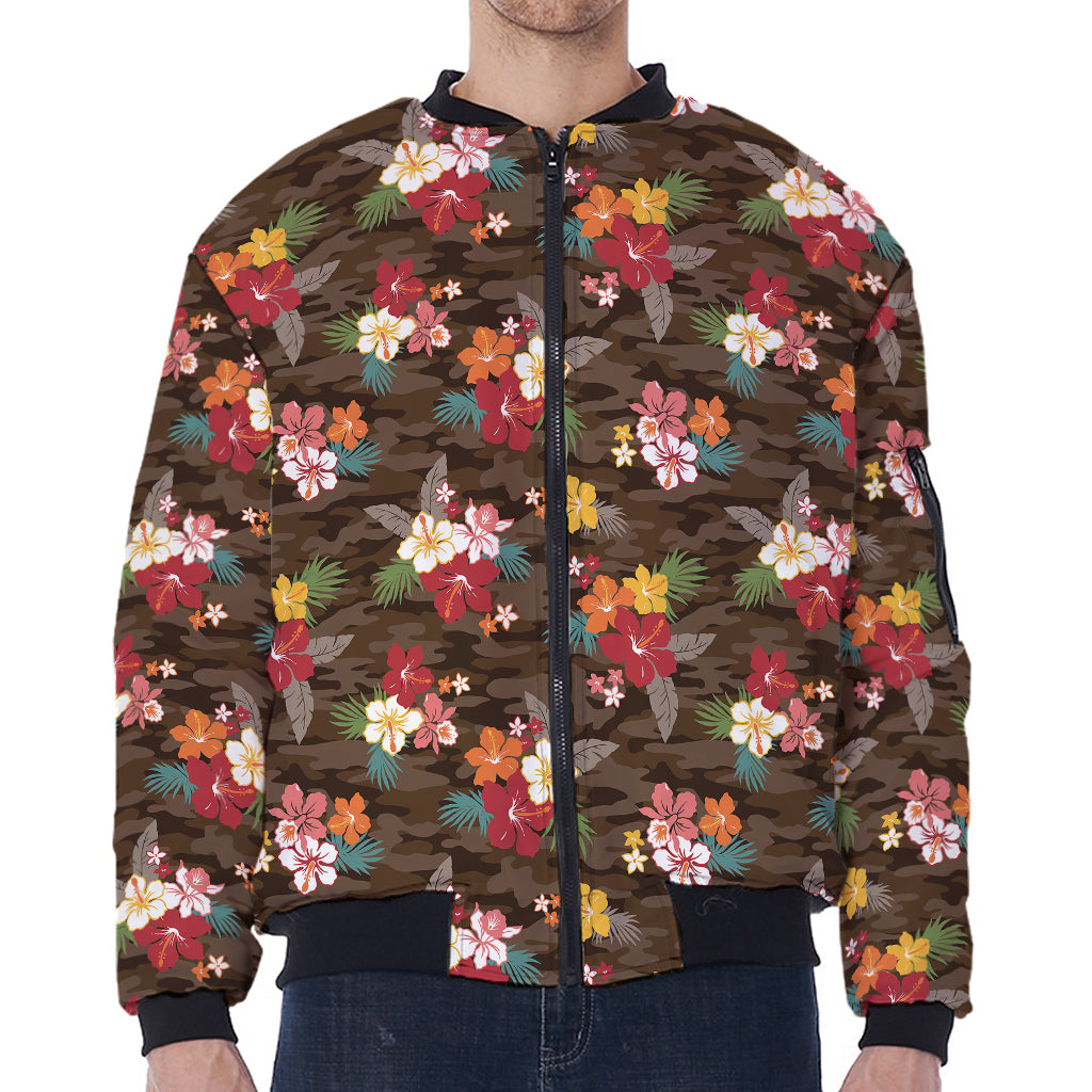 Brown Camo Hibiscus Flower Print Zip Sleeve Bomber Jacket