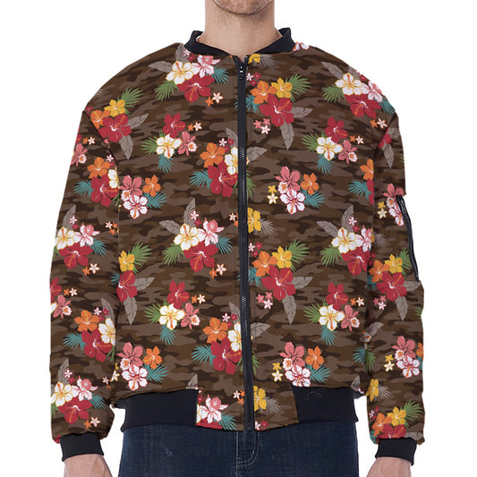 Brown Camo Hibiscus Flower Print Zip Sleeve Bomber Jacket