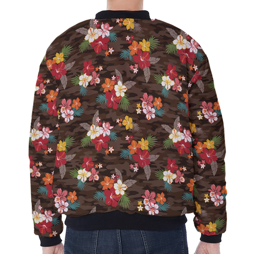 Brown Camo Hibiscus Flower Print Zip Sleeve Bomber Jacket