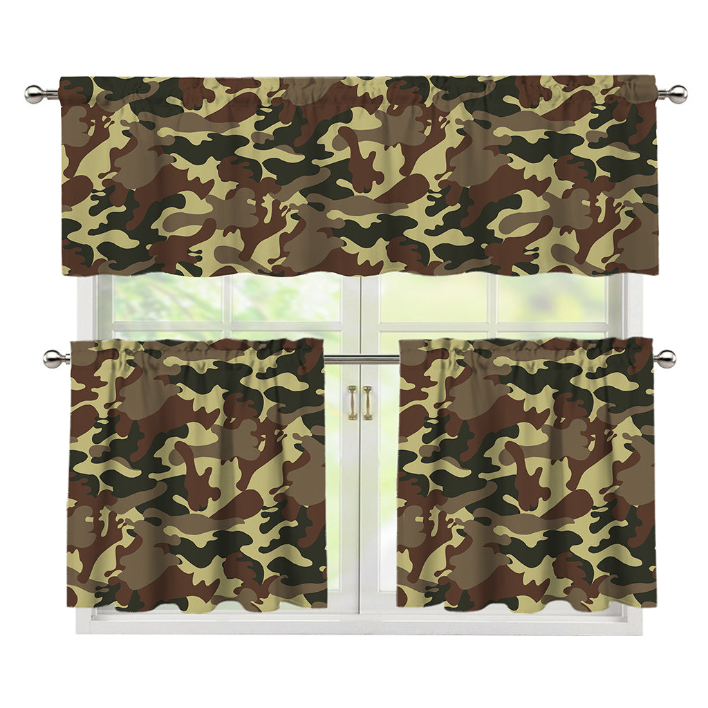 Brown Camouflage Print 3 Piece Kitchen Curtains