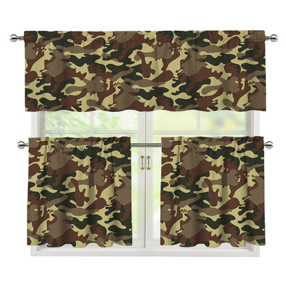 Brown Camouflage Print 3 Piece Kitchen Curtains