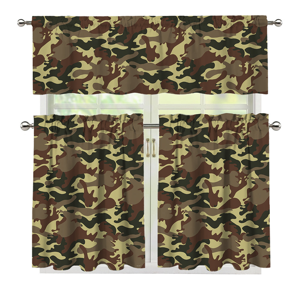 Brown Camouflage Print 3 Piece Kitchen Curtains