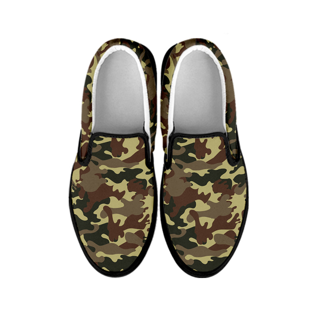 Brown Camouflage Print Black Slip On Sneakers