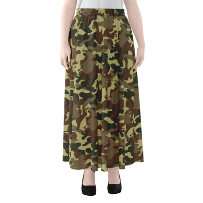 Brown Camouflage Print Chiffon Maxi Skirt
