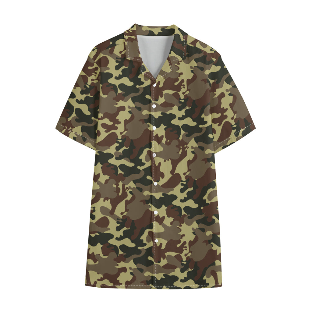 Brown Camouflage Print Cotton Hawaiian Shirt