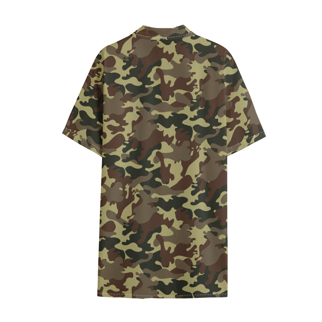 Brown Camouflage Print Cotton Hawaiian Shirt