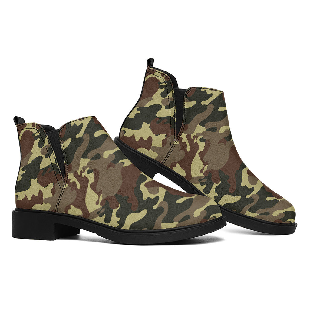 Brown Camouflage Print Flat Ankle Boots