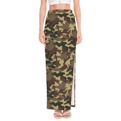 Brown Camouflage Print High Slit Maxi Skirt