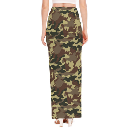 Brown Camouflage Print High Slit Maxi Skirt