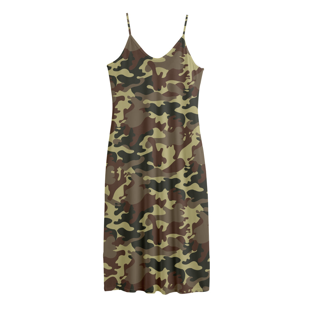 Brown Camouflage Print Jersey Midi Cami Dress