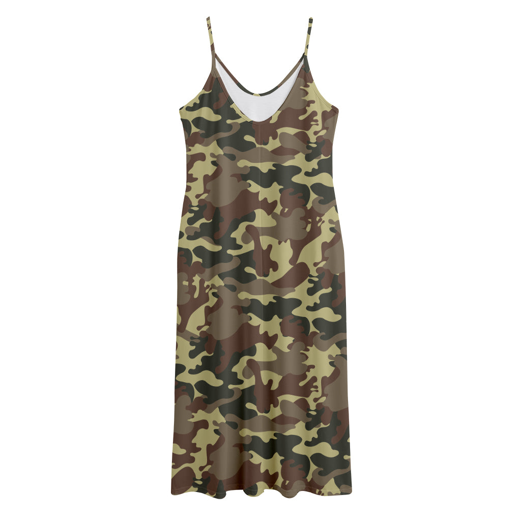 Brown Camouflage Print Jersey Midi Cami Dress