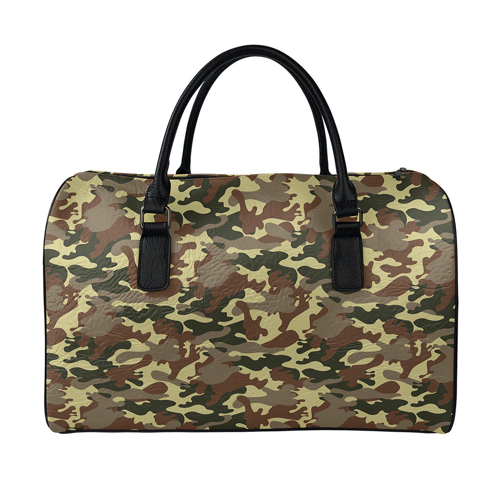 Brown Camouflage Print Leather Duffle Bag