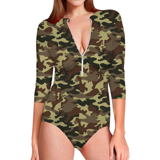 Brown Camouflage Print Long Sleeve Swimsuit