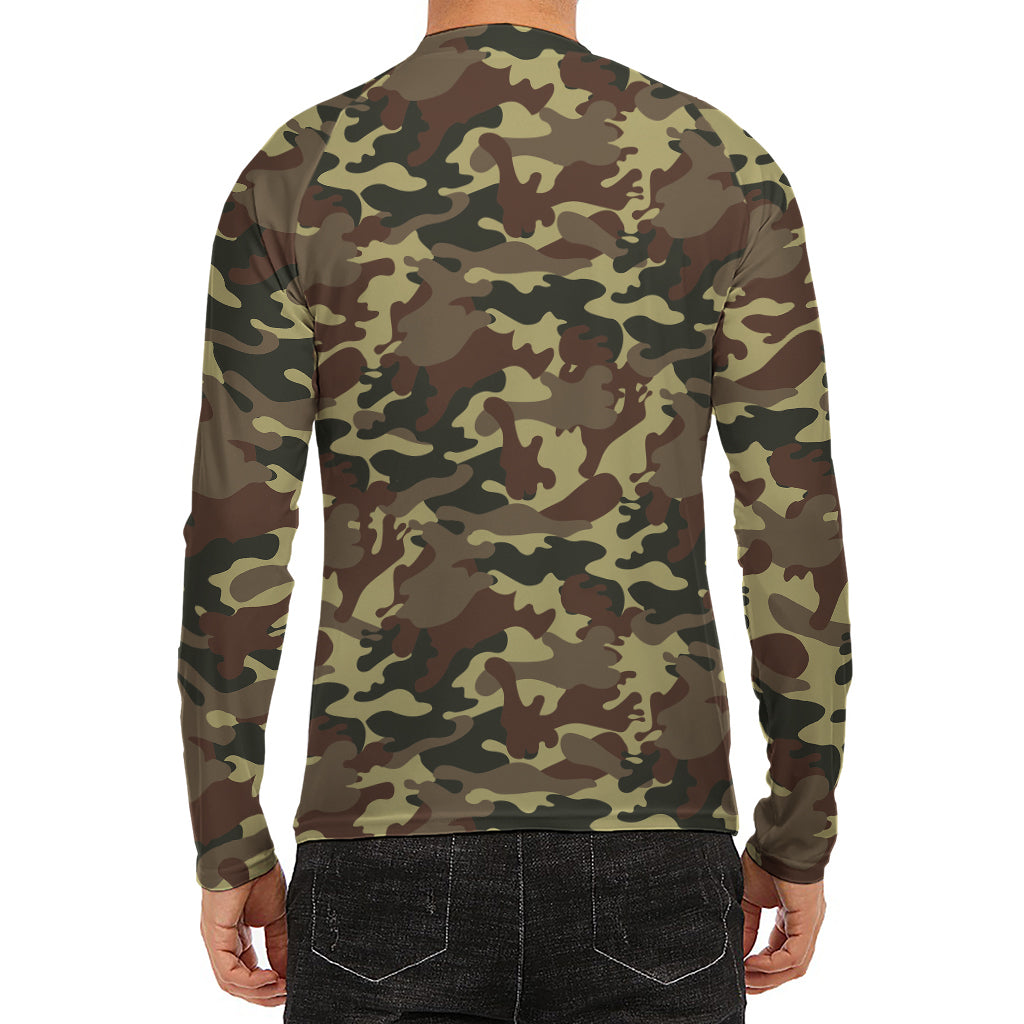 Brown Camouflage Print Men's Long Sleeve Rash Guard